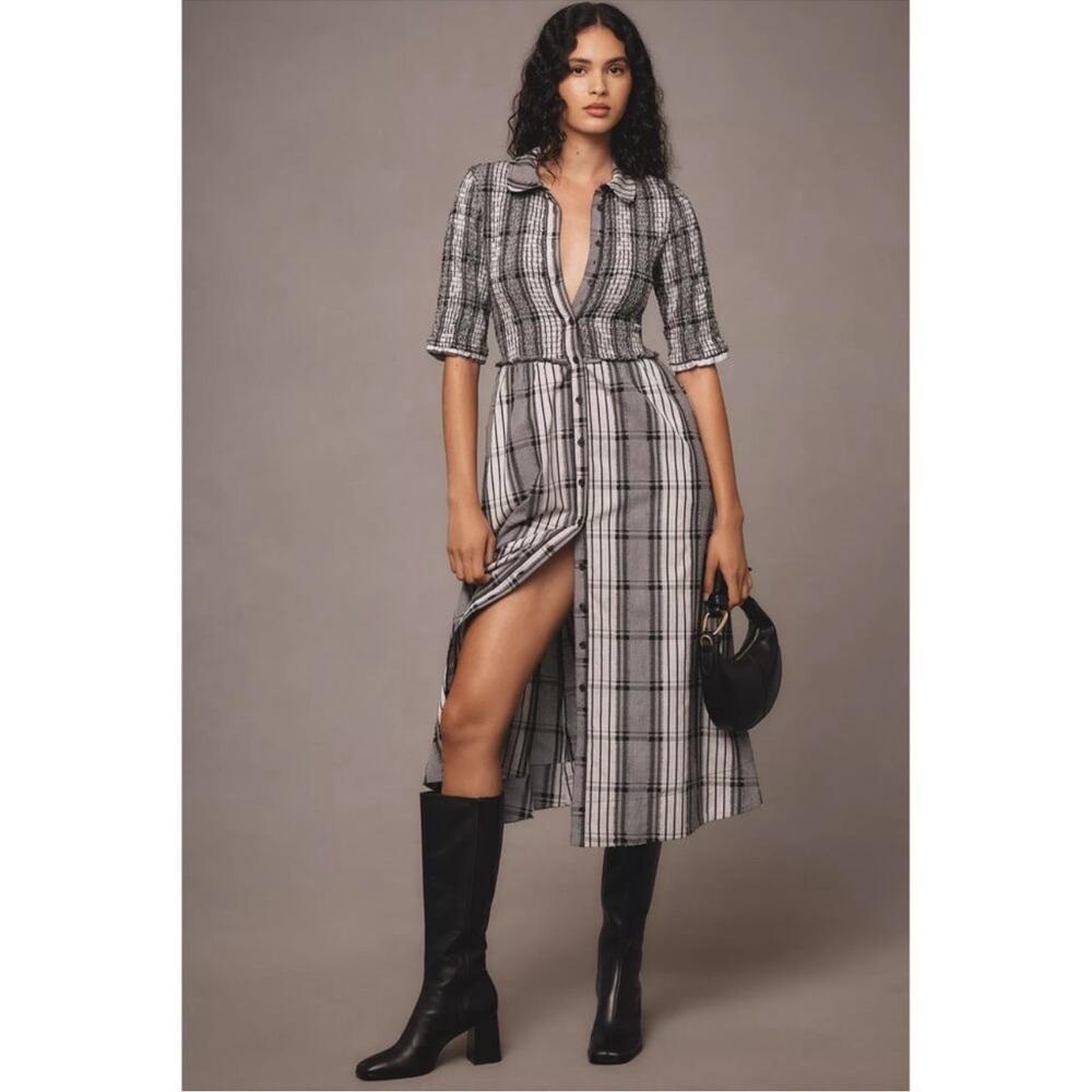 Anthropologie Maeve Dress Short-Sleeve Smocked Midi Shirtdress Black White Sz XL